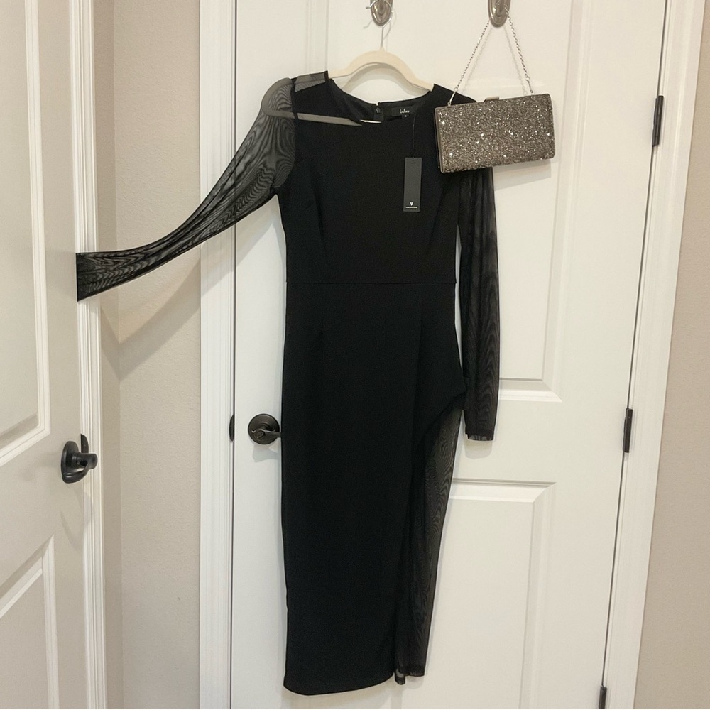 Lulus Black Bodycon Midi Dress Mesh Sleeves Size M, NWT